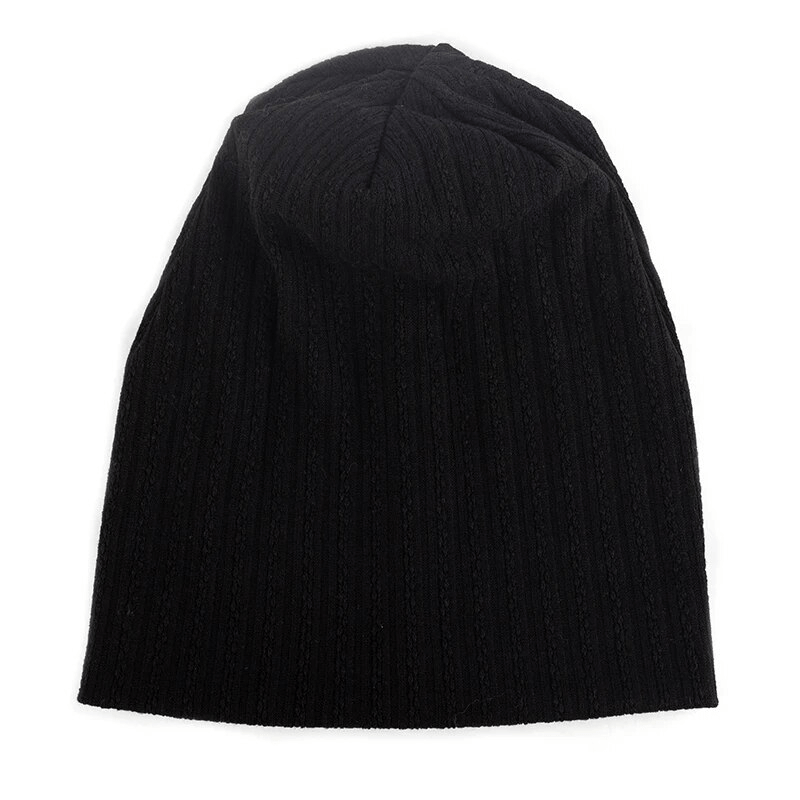 Black stylish women's soft beanie with decorative stripes, cotton-polyester blend for casualwear. Perfect accessory for all seasons.